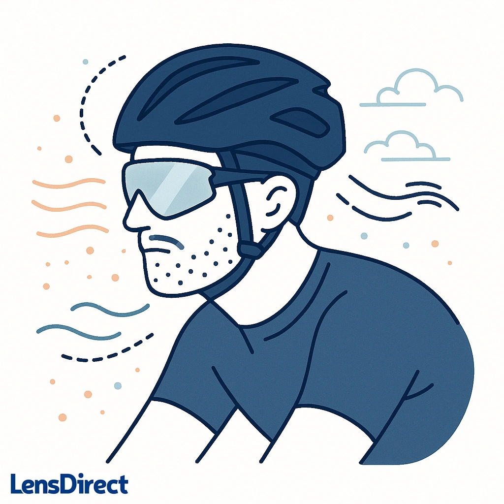 Cyclist with wind lines swirling around protective sunglasses to demonstrate windproof performance.
