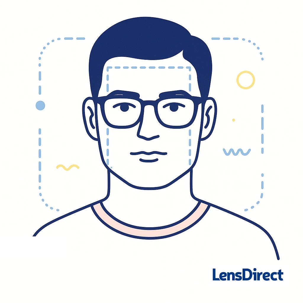 Minimal line art of a square-faced person wearing glasses with dotted accents highlighting facial angles.