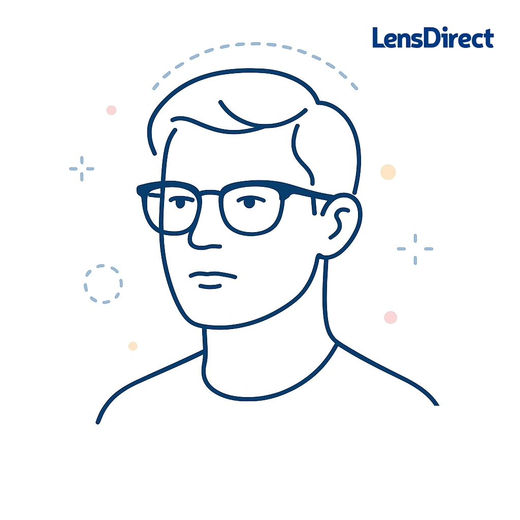 Line art of a square-faced person wearing browline glasses with dotted accents highlighting bold top rim.