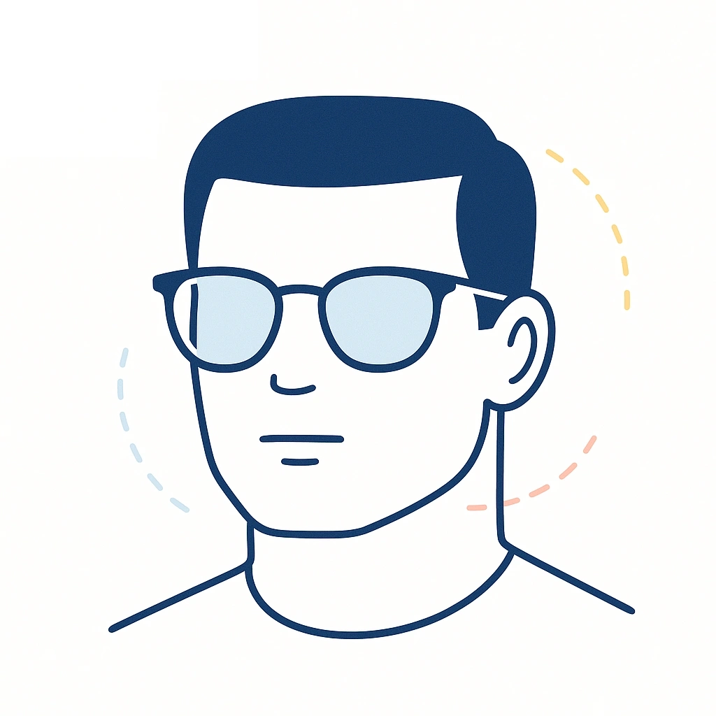 Minimalist illustration of a square-faced person in semi-rimless glasses with dotted lines suggesting lightness.
