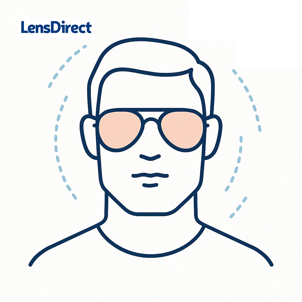 Stylized square-faced person wearing aviator sunglasses with teardrop lenses and dotted accents.