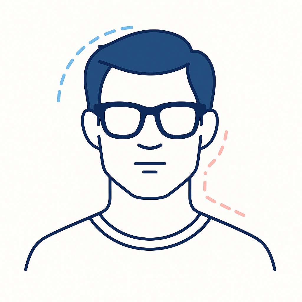 Illustration of a square-faced man wearing classic wayfarer glasses with curved edges and dotted accents.