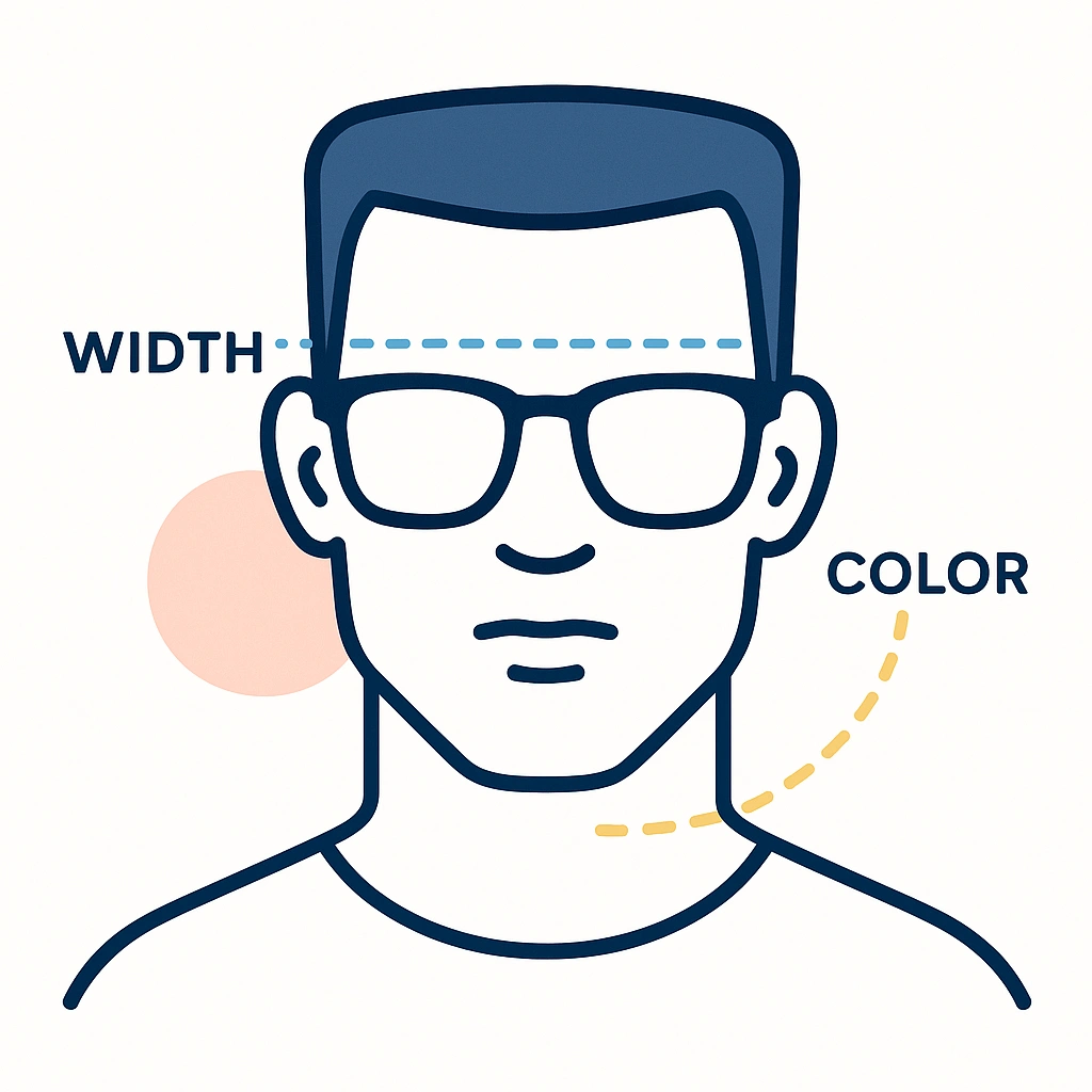 Square face silhouette with dotted lines marking frame width and color swatches for selection.