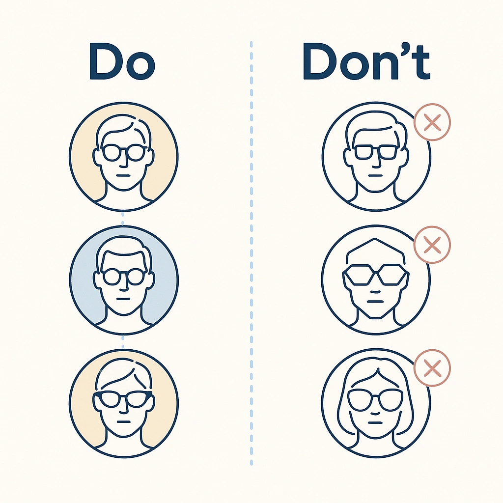 Two-column infographic with recommended and to-avoid frame styles for square faces separated by dotted lines.