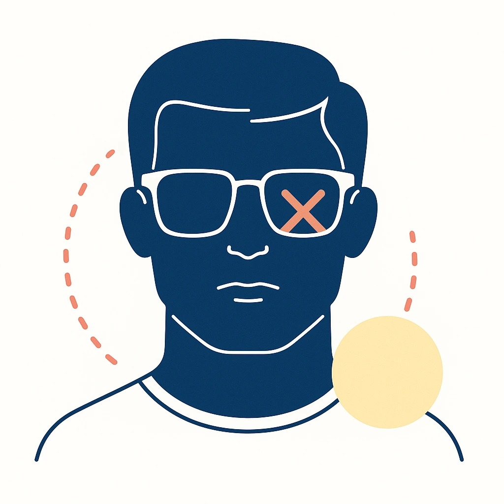 Minimal art of a square-faced person wearing square glasses with an orange X marking them unsuitable.