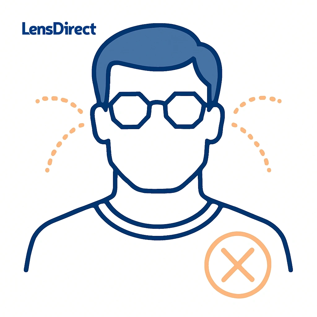Illustration of hexagon-shaped glasses on a square face with dotted lines and orange cross caution sign.