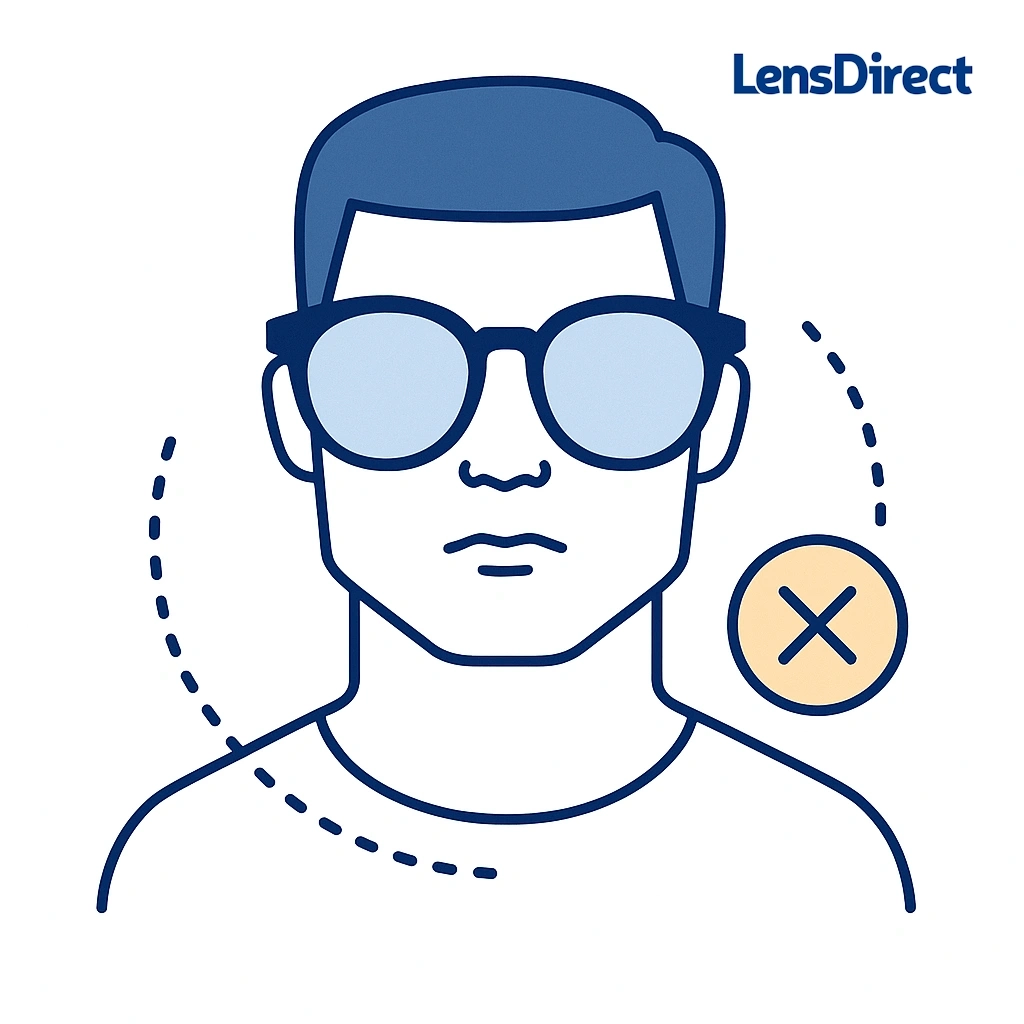 Depiction of a square-faced person wearing oversized glasses with dotted arcs and caution cross.
