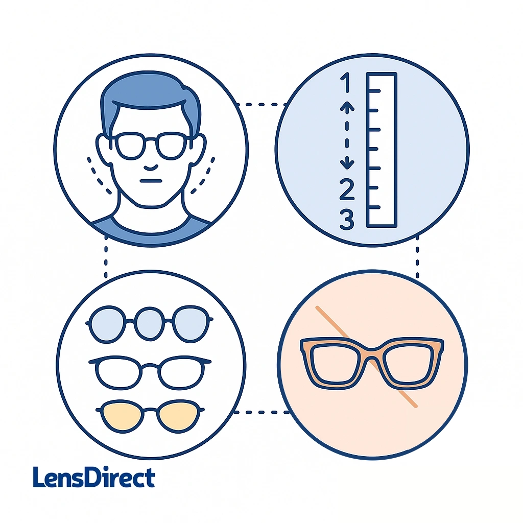 Four-icon infographic summarizing square face glasses tips: soften jawline, measure face, choose oval/round/cat-eye, avoid unsuitable frames.