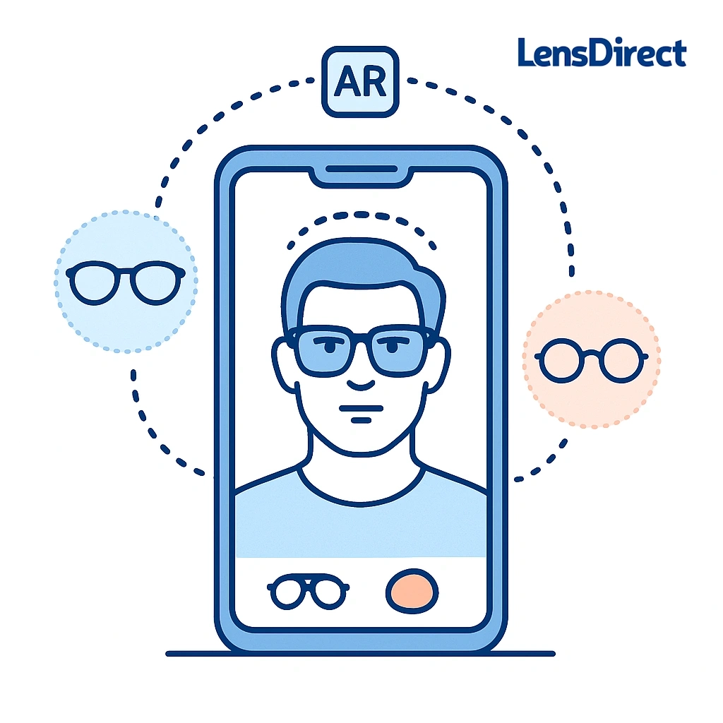 Smartphone showing a user virtually trying on glasses with dotted lines connecting different frame options.