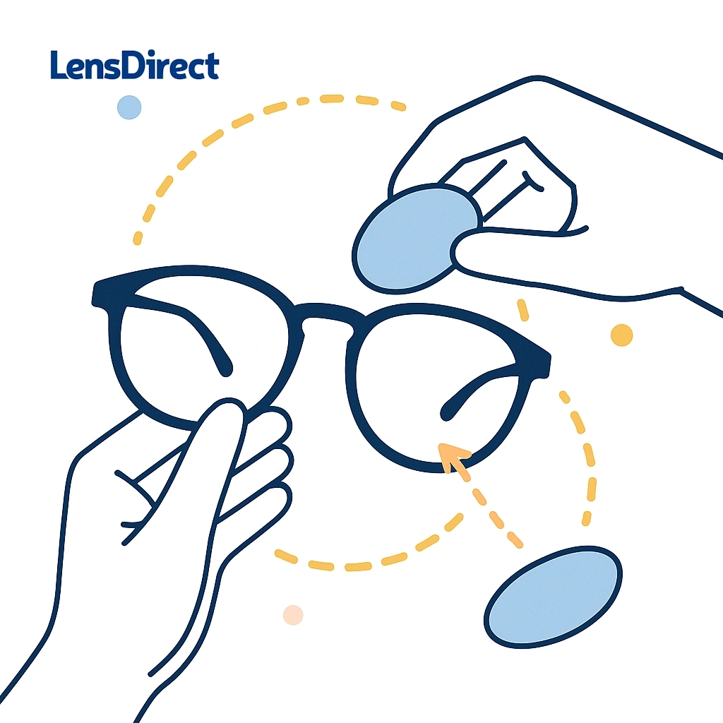 Line art of hands replacing a lens in glasses with arrows indicating the replacement steps.
