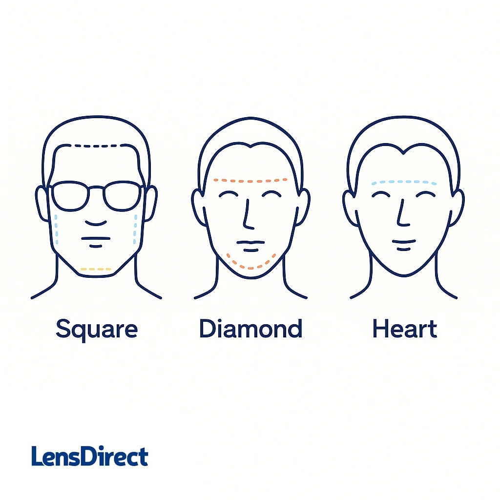 Side-by-side line drawings of square, diamond, and heart-shaped faces with dotted measurement lines.