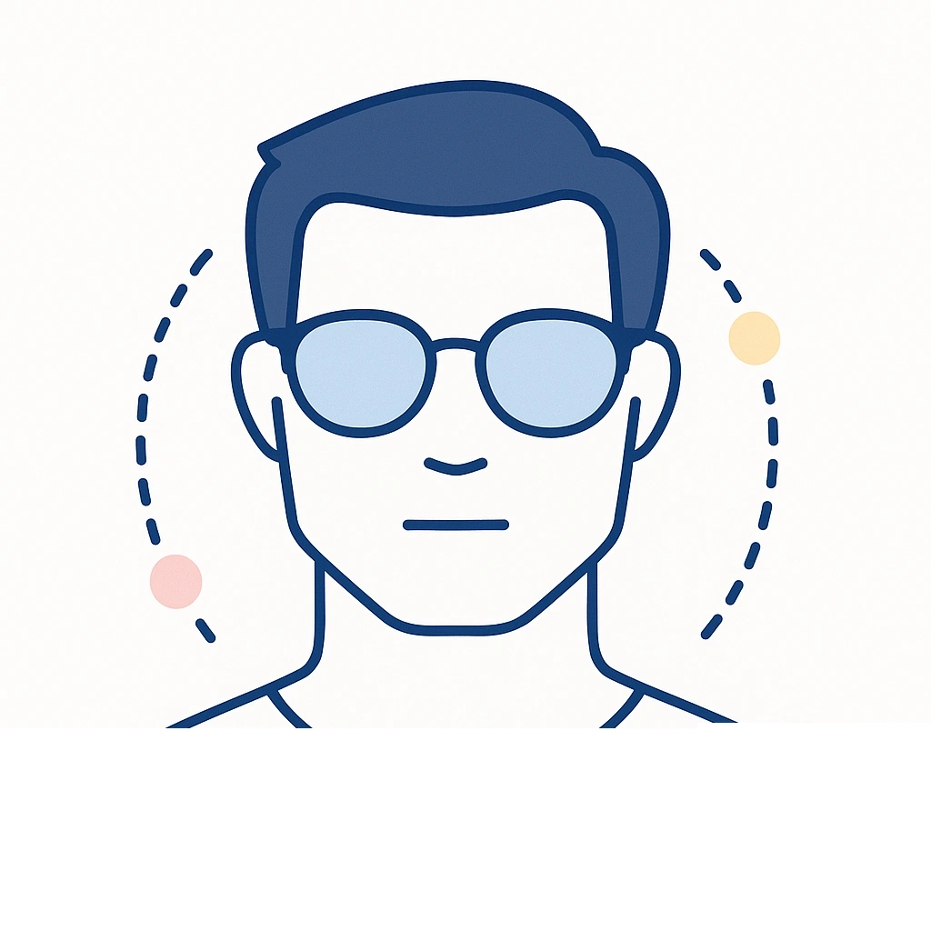 Square-faced silhouette wearing oval glasses with circular dotted accents softening sharp angles.