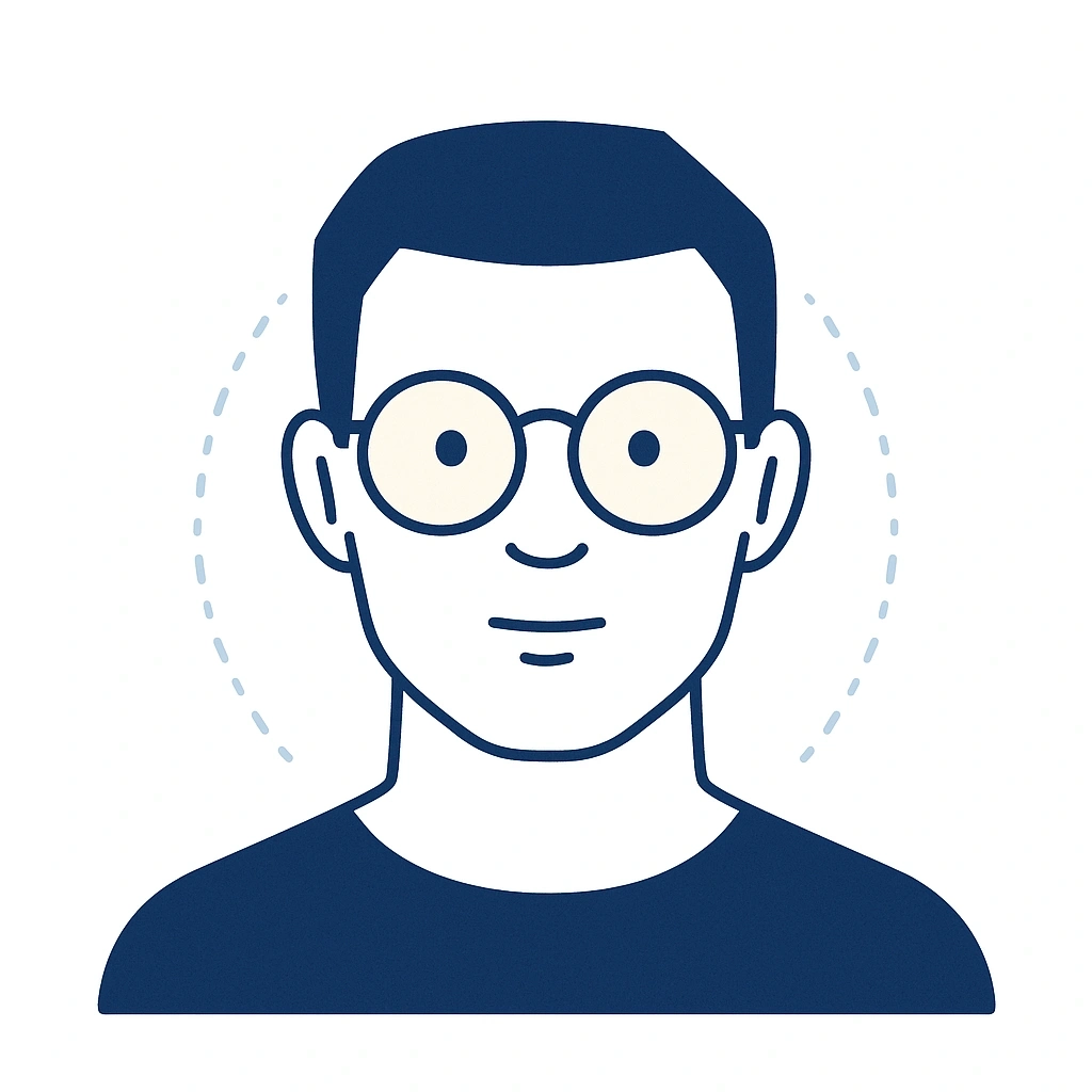 Illustration of a square-faced person in round glasses with dotted arcs showing balance and harmony.