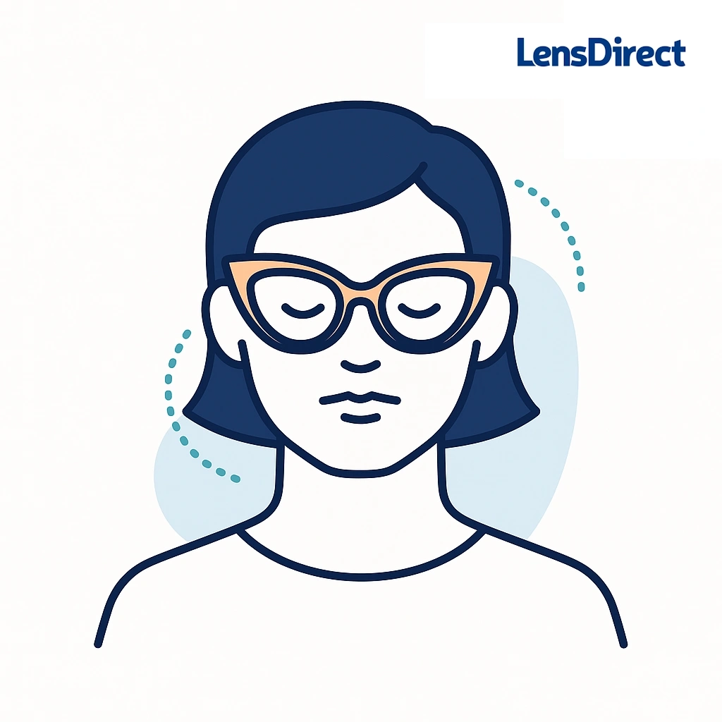 Stylized square-faced woman wearing cat-eye glasses with dotted accents and vintage flair.