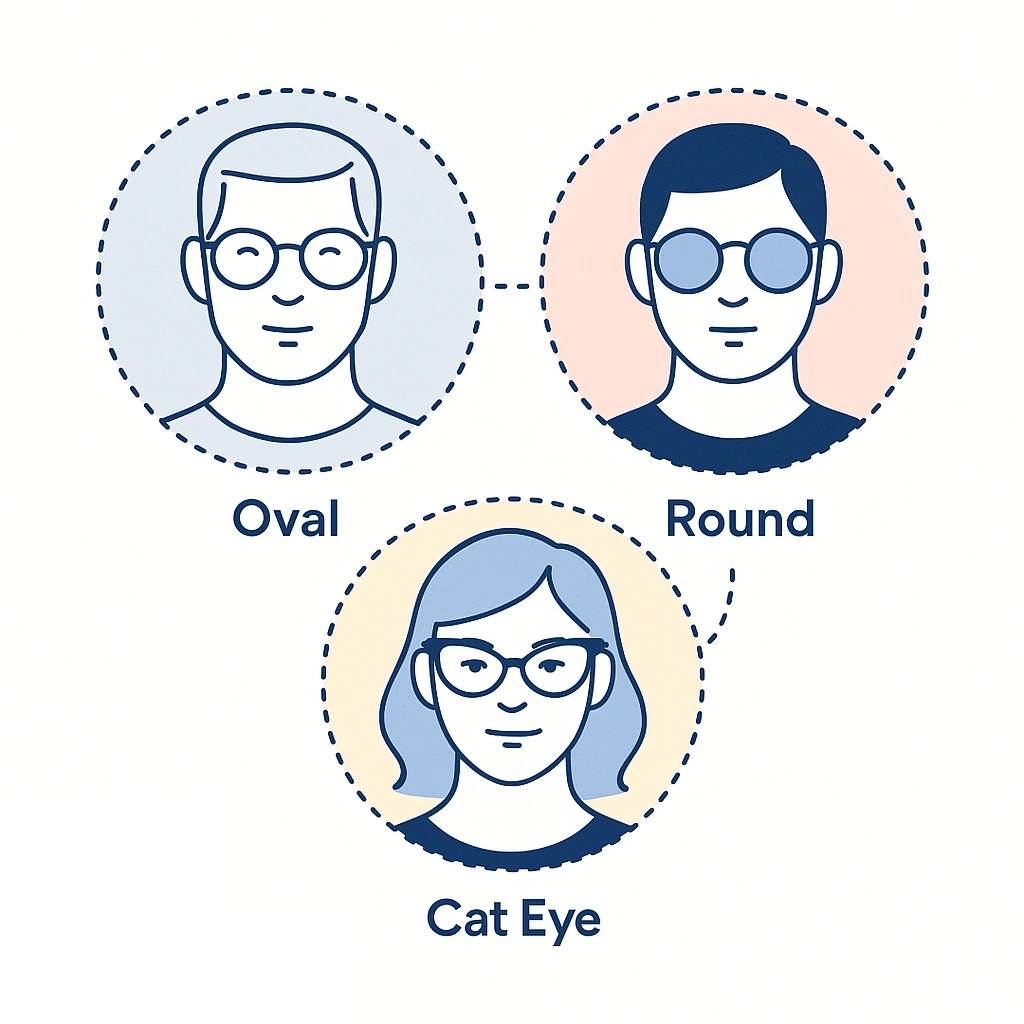 Tri-panel infographic showing oval, round, and cat-eye frames on square-faced silhouettes connected by dotted lines.