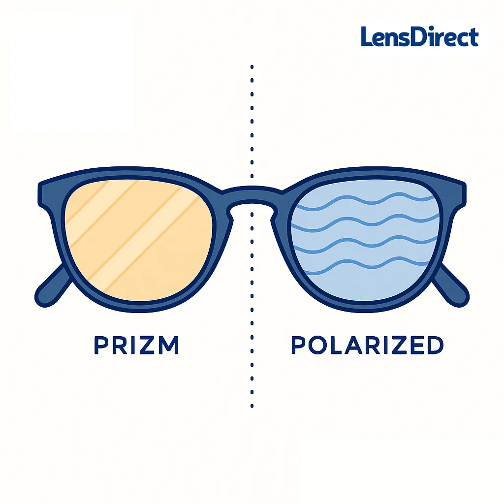 Split-screen comparing PRIZM and polarized lenses with different tints and clarity.