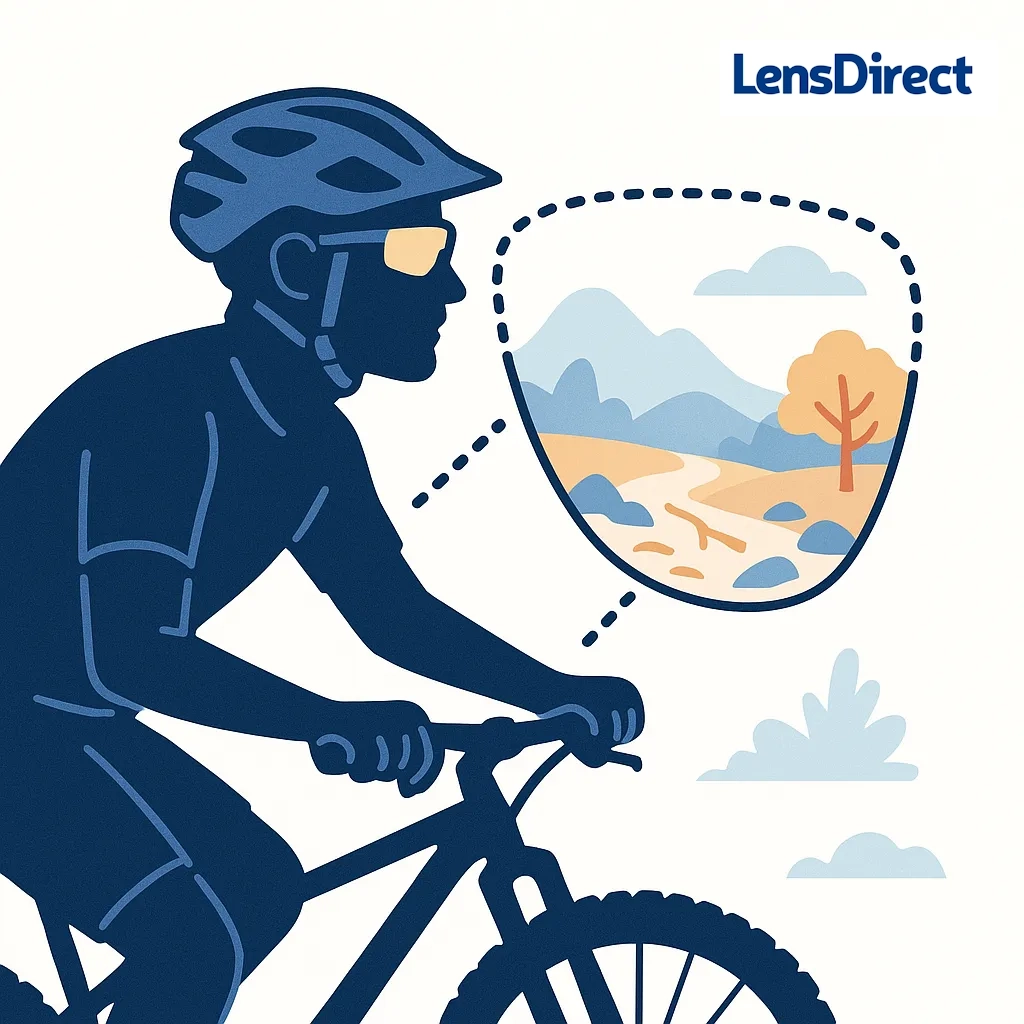 Mountain biker with PRIZM Trail lenses highlighting terrain features off-road.