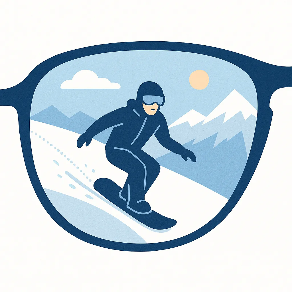 Skier/snowboarder with PRIZM Snow lenses enhancing contrast on bright, snowy slopes.