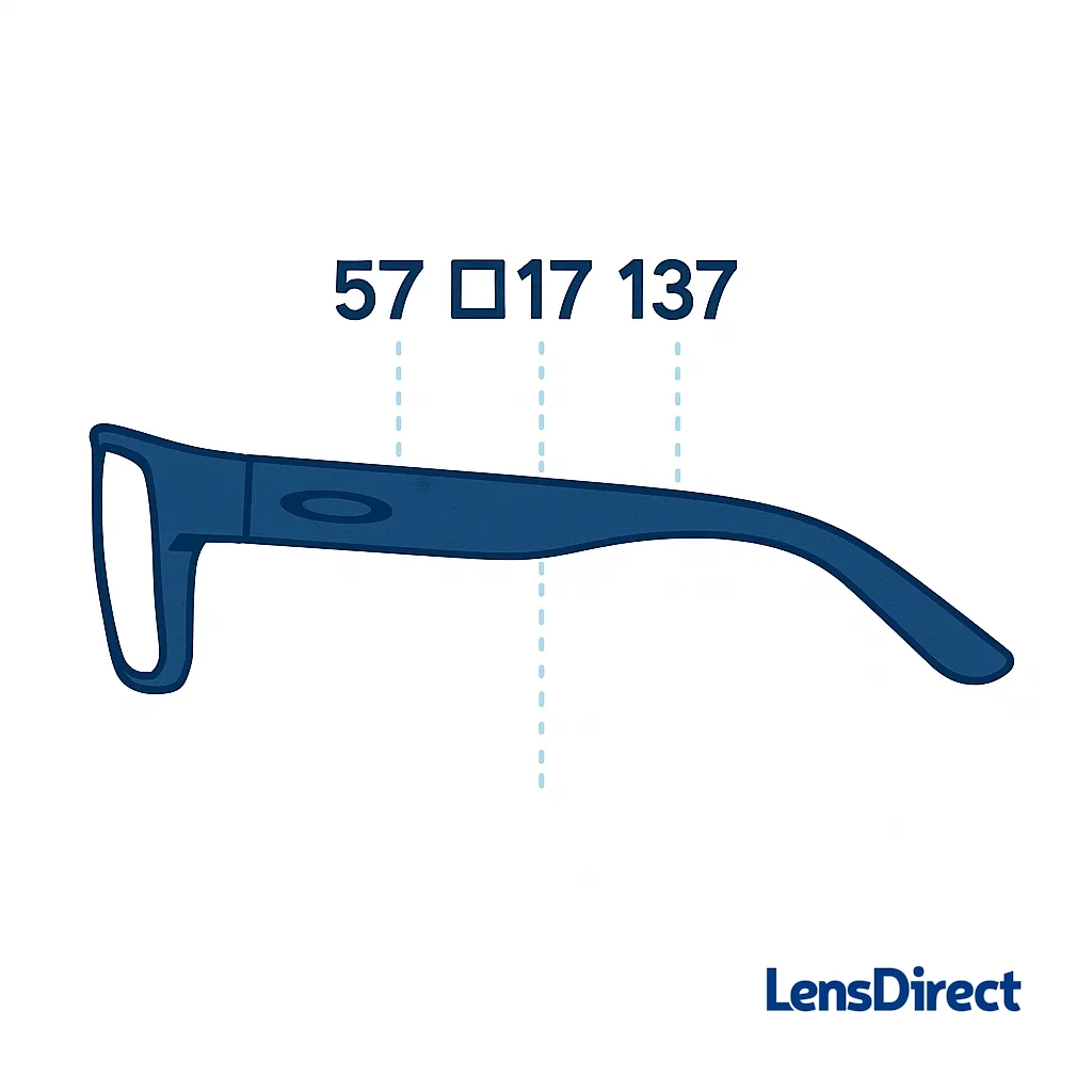 Diagram explaining temple size codes like 57-17-137 on sunglasses.