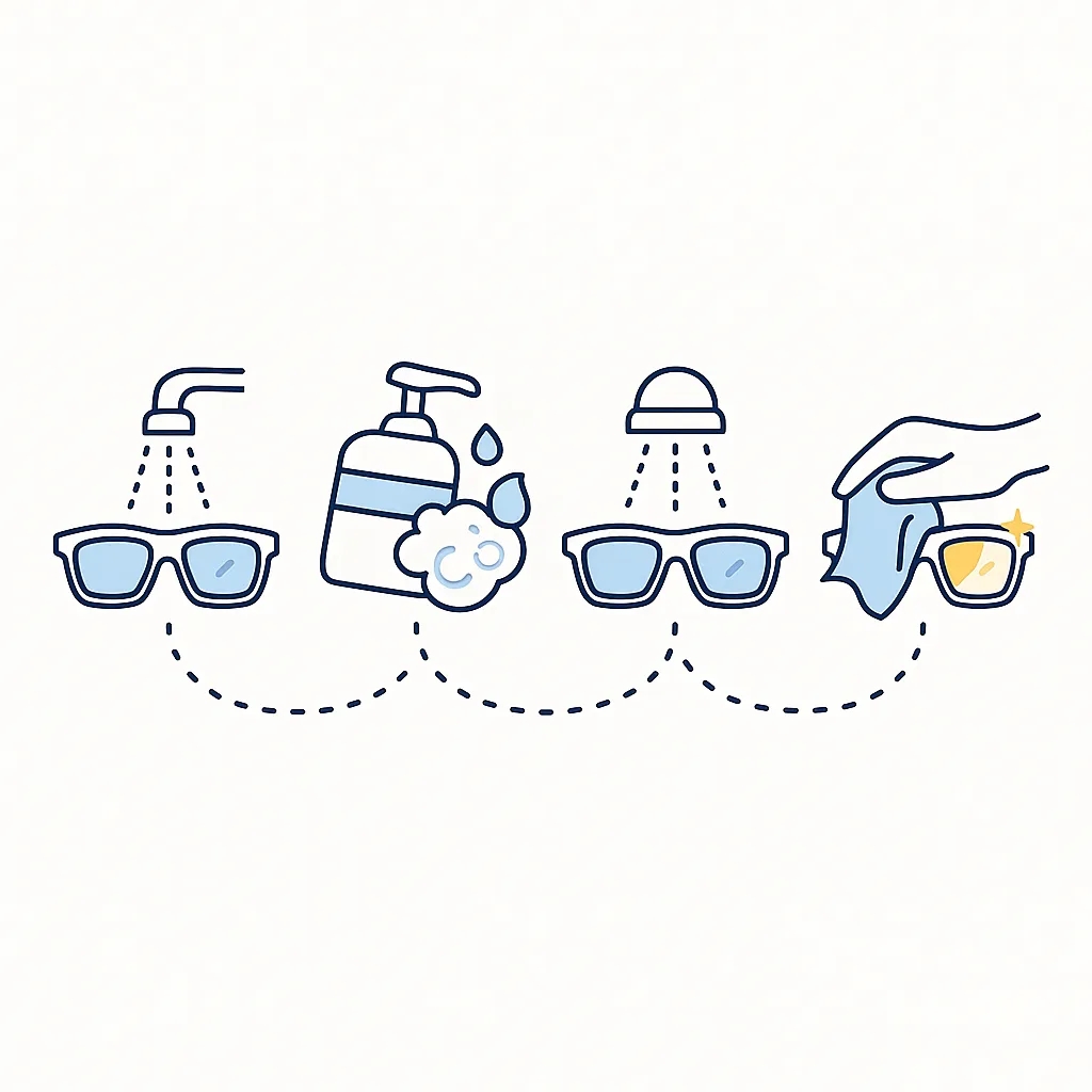 Sequence showing how to rinse sunglasses after workouts to remove sweat/debris.