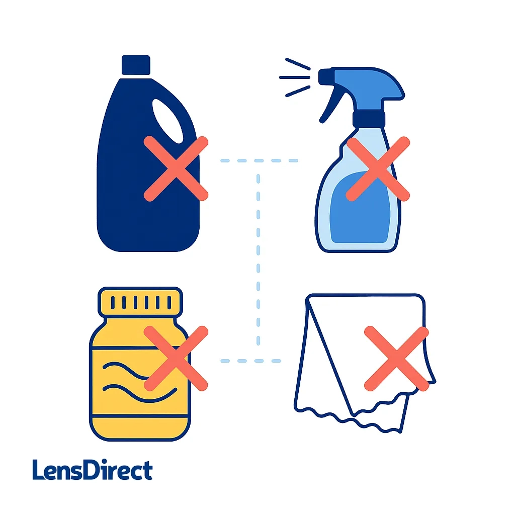 Warning graphic showing cleaners to avoid when caring for sports sunglasses.