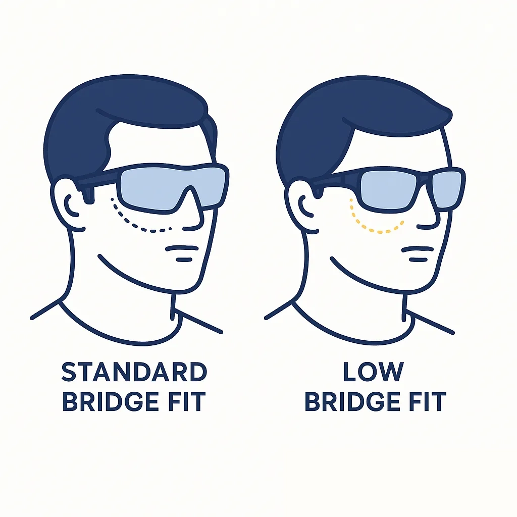 Side-by-side frames demonstrating standard and low-bridge fit for different nose profiles.