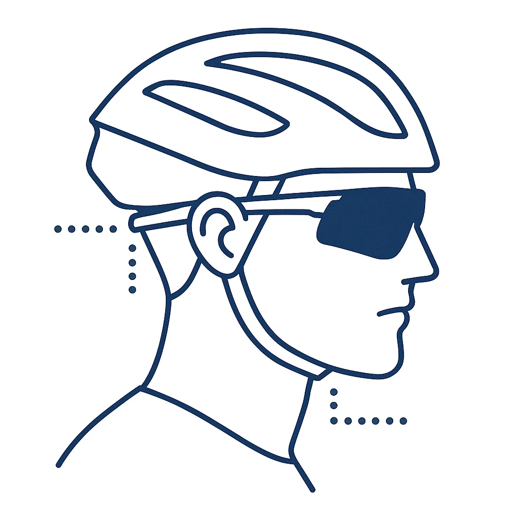 Minimal graphic of temple arms integrating comfortably under cycling/sports helmets.