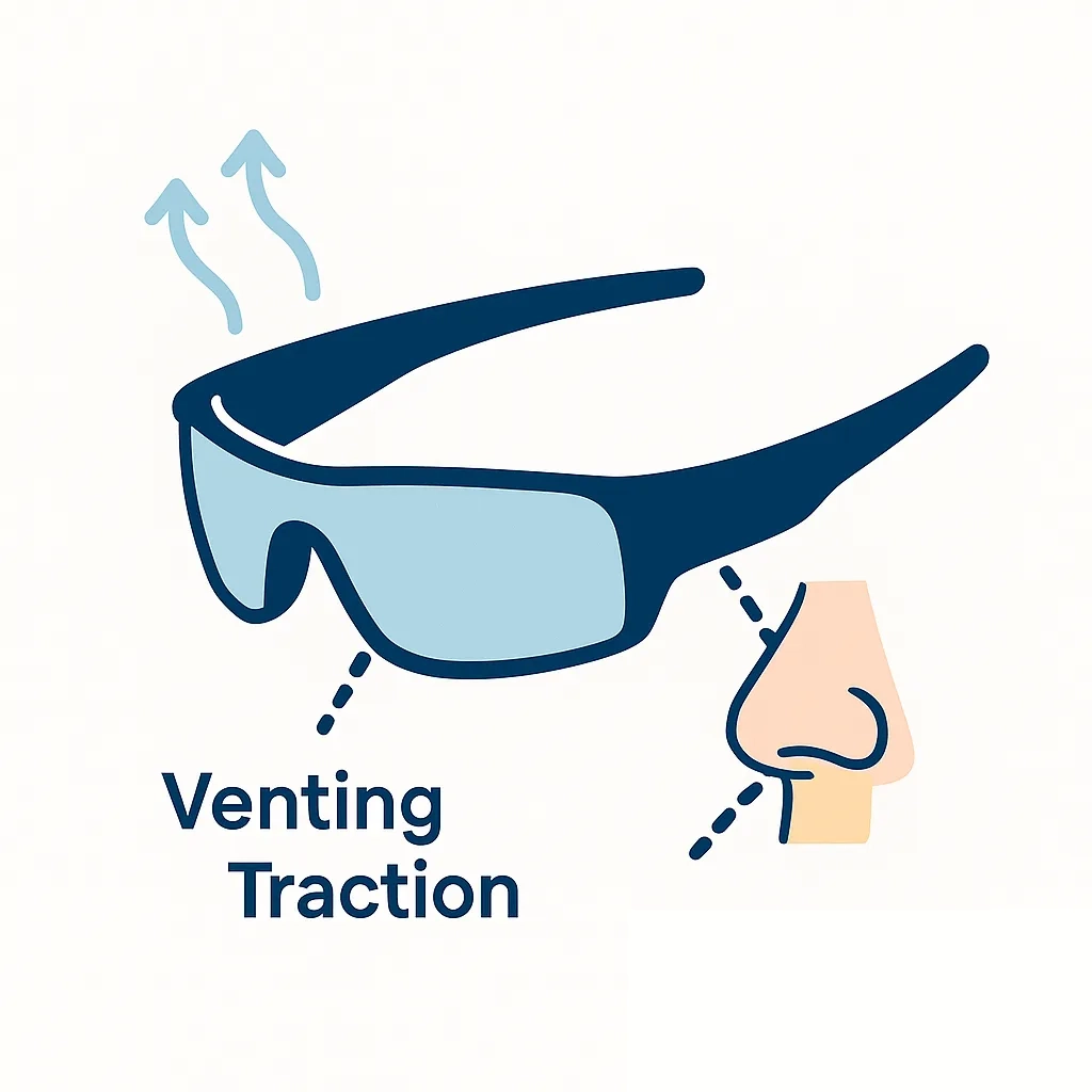 Sunglasses with vent ports and grip points to boost airflow and workout stability.
