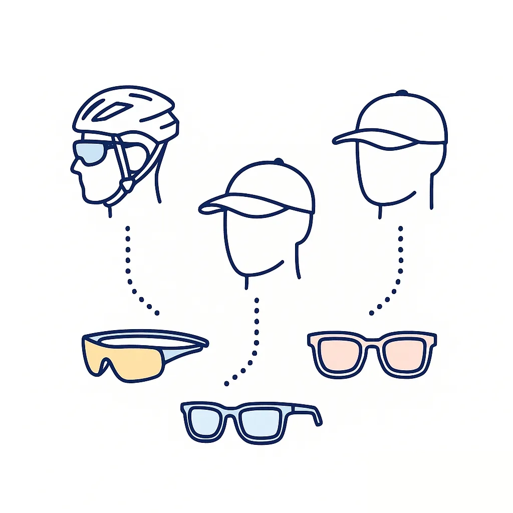 Tips for fitting sunglasses with helmets or hats for secure, comfortable wear.