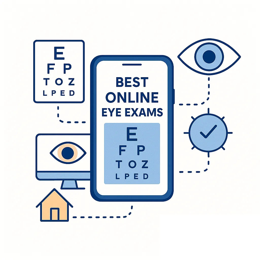Smartphone and eye charts linked by dotted lines summarizing top online eye exams.