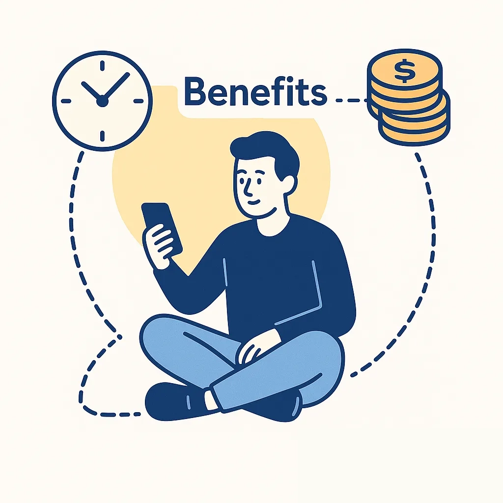 Man on smartphone surrounded by time and cost-savings icons.