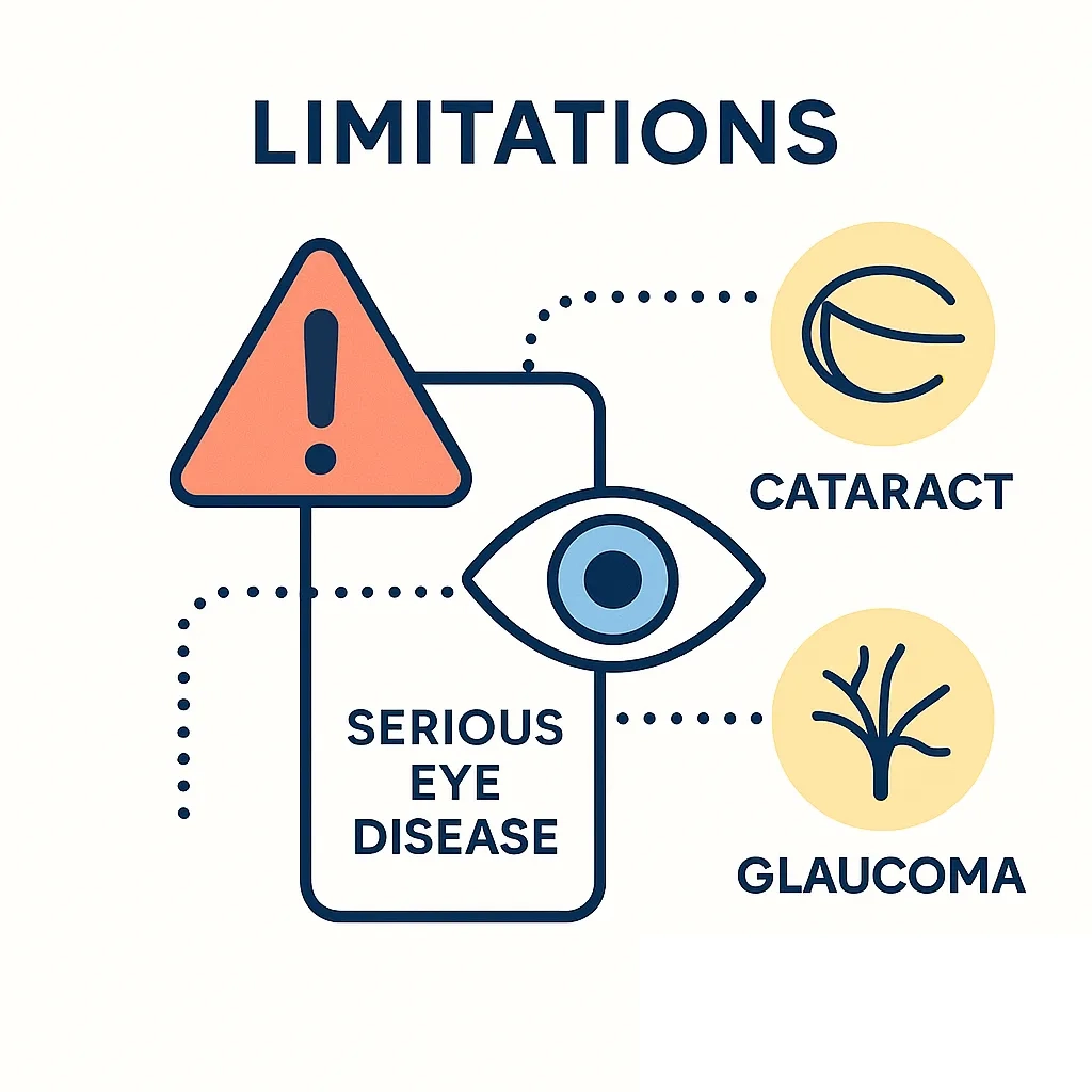 Warning triangle with eye, cataract, and glaucoma icons showing limitations.