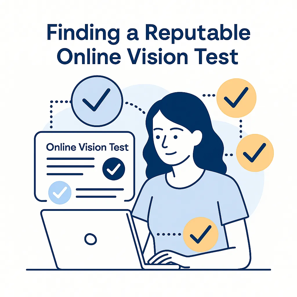 Woman at laptop with check marks for credibility, reviews, and verification.