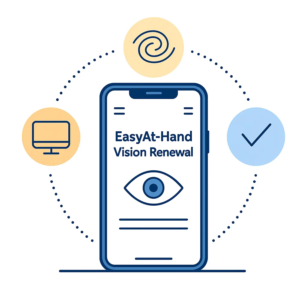 Smartphone app screen with eye chart and simple buttons for user-friendly testing.