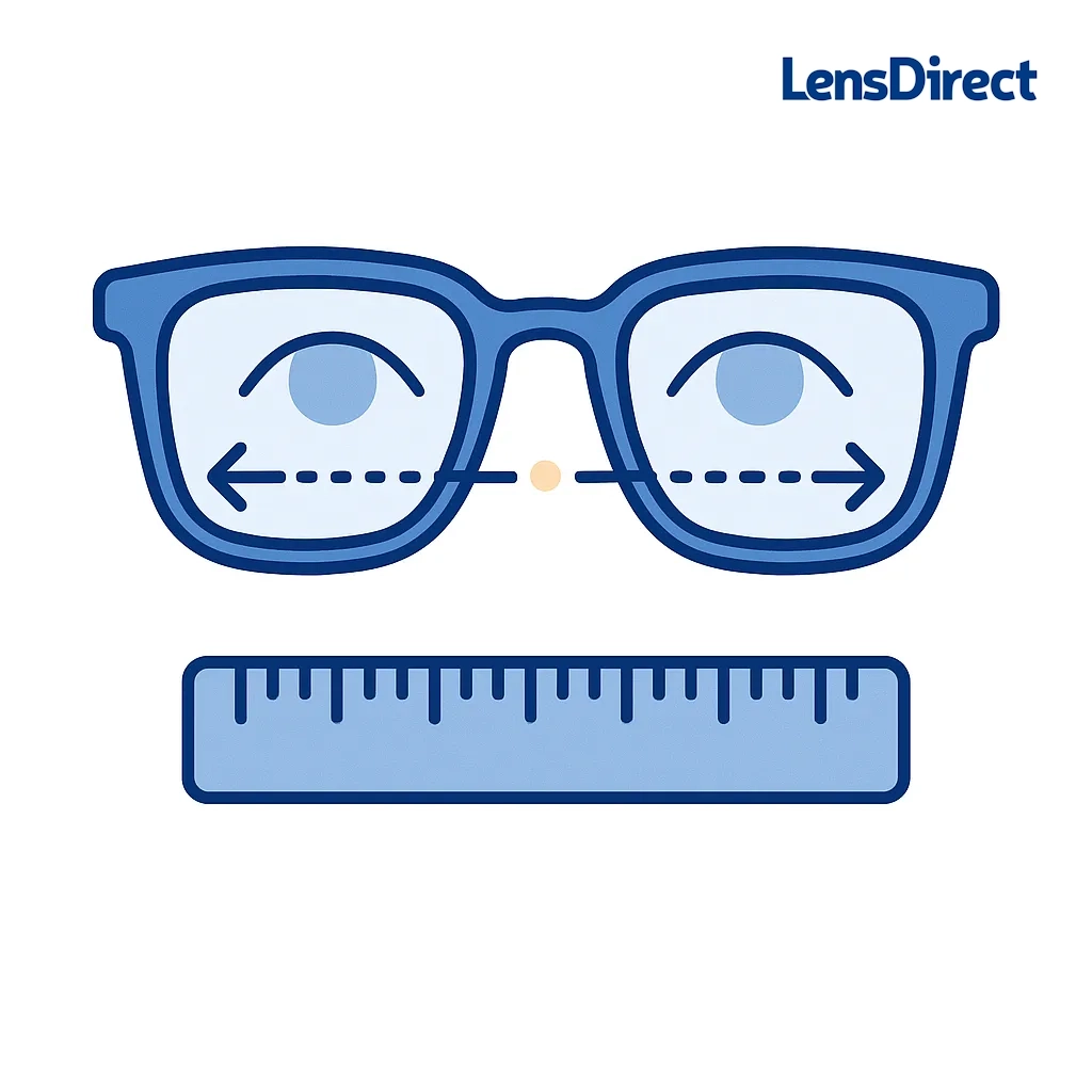 Glasses with arrows and ruler showing how to measure PD accurately.