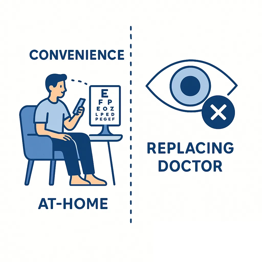 Split-screen: convenient at-home eye exam vs message that it doesn’t replace doctor care.