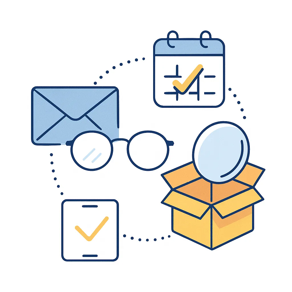 Envelope, glasses, calendar, and box icons linked by dotted lines for replacement flow.
