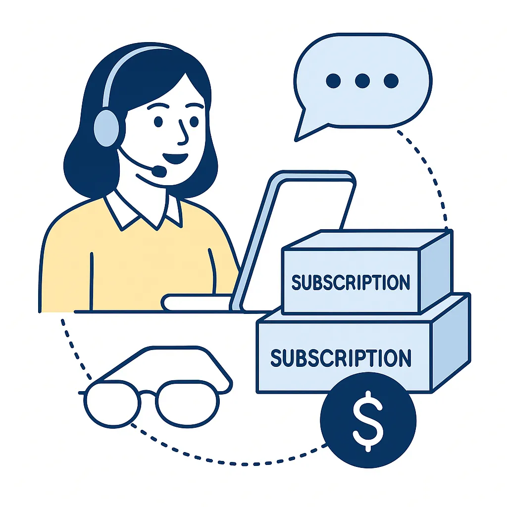Support rep with headset and subscription boxes linked by dotted lines for help and savings.