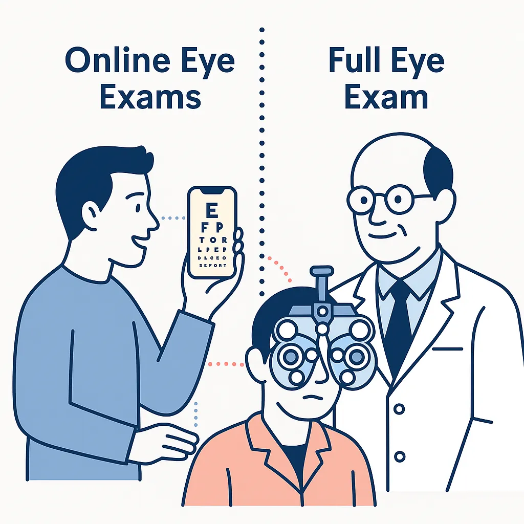 Split: person using phone for online exam vs patient in full in-office eye exam.