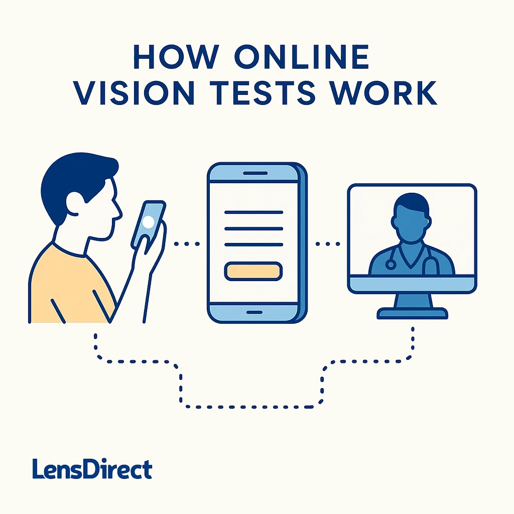 Step-by-step: submit info, take test, doctor reviews results—connected by dotted lines.