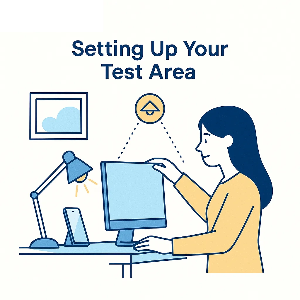 Minimal scene of woman arranging computer and lamp in a well-lit space for an online test.