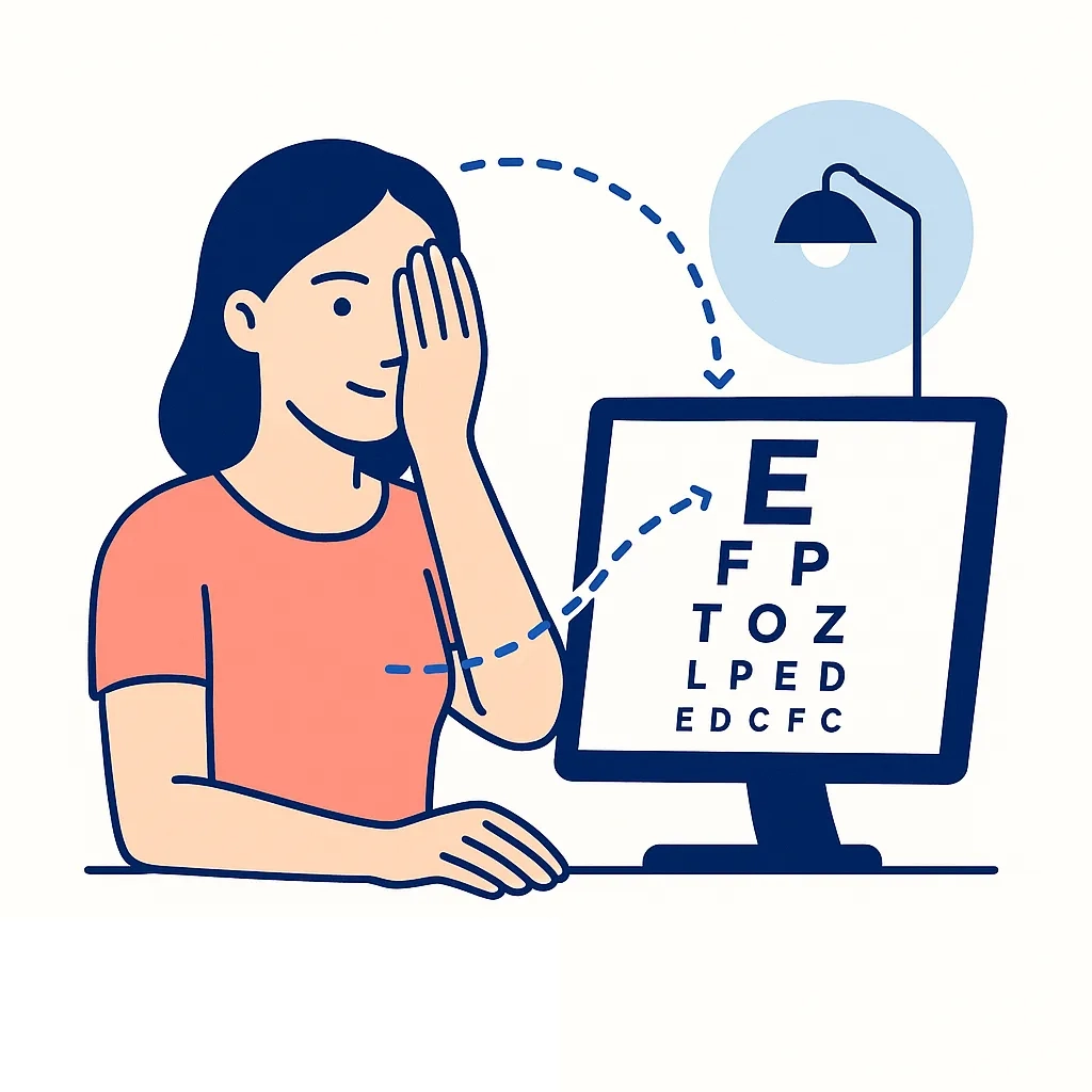 Woman covering one eye while reading a digital eye chart on a monitor.