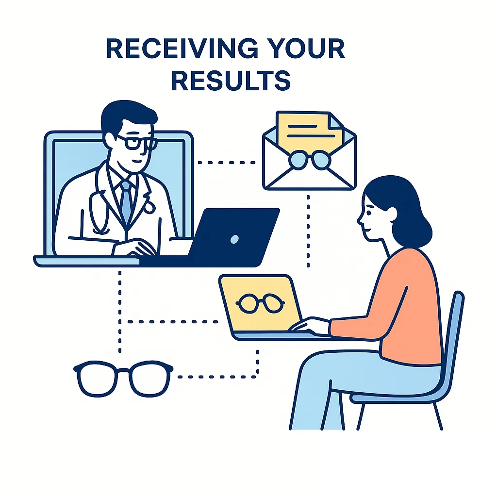 Doctor reviews online test and sends e-prescription; user receives results electronically.