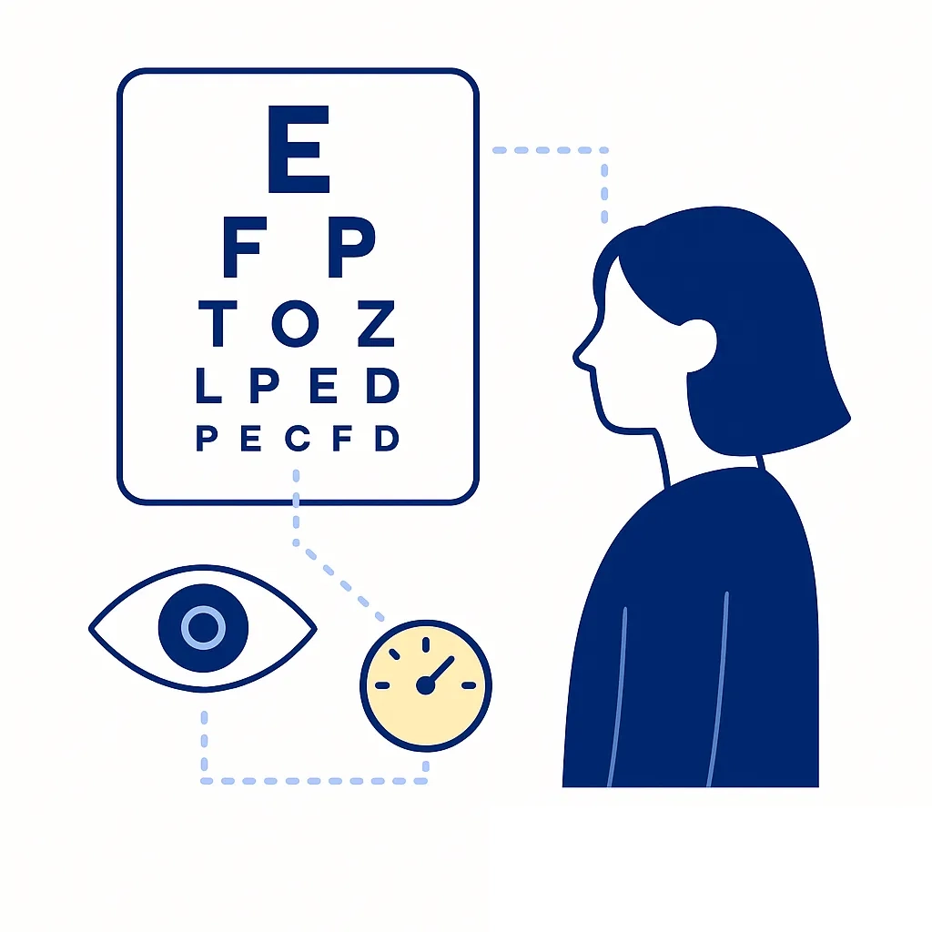 Eye chart with person at measured distance, connected by dotted lines.