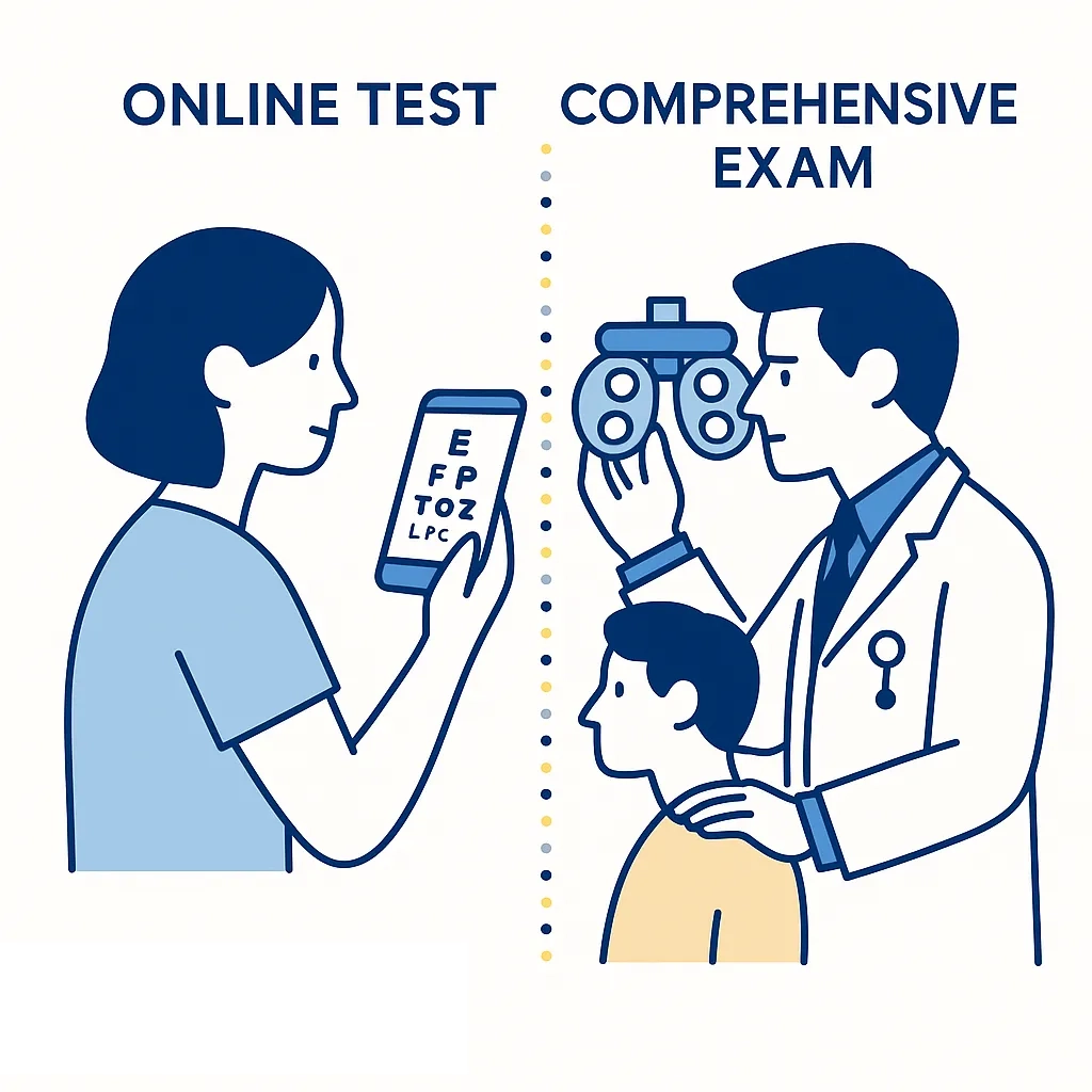 Split: phone-based vision test vs in-office comprehensive optometrist exam.