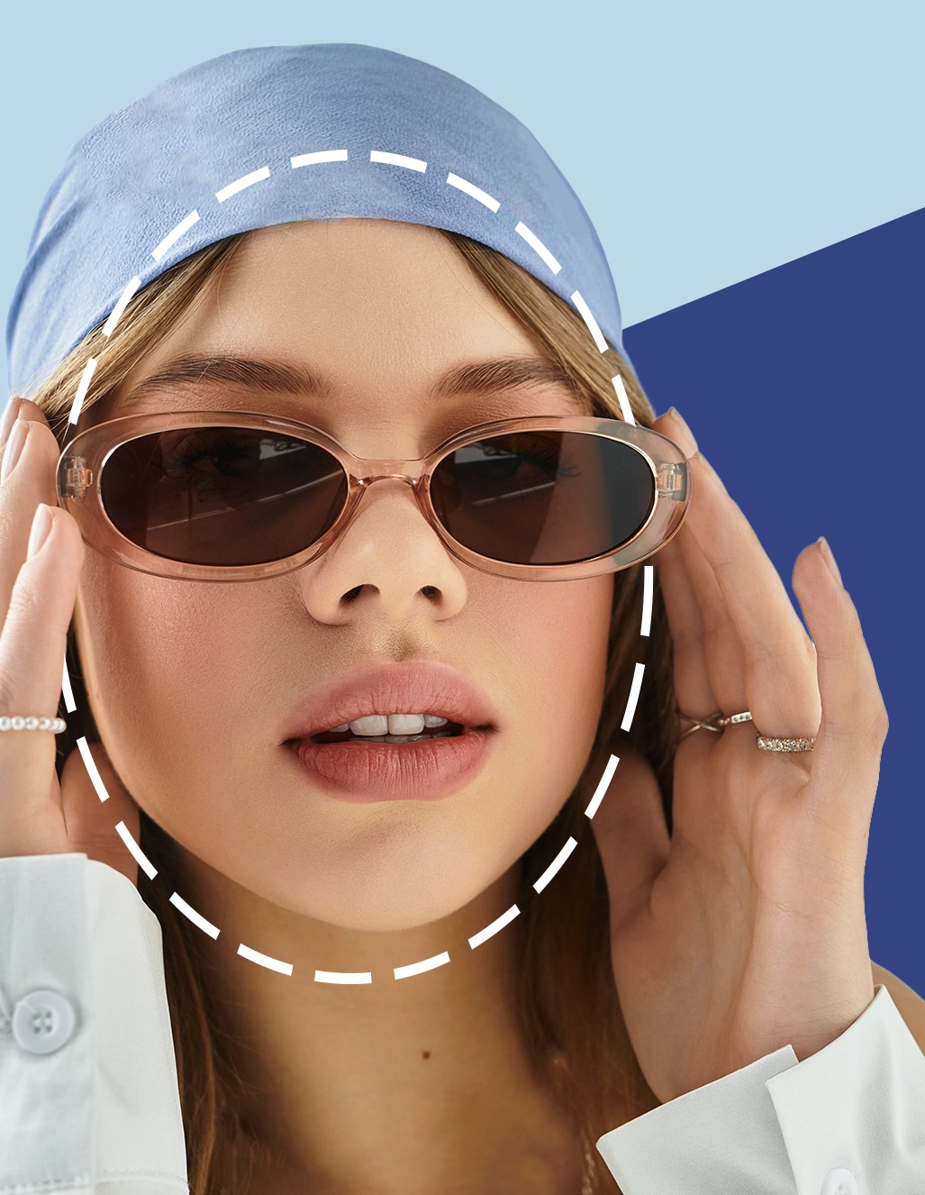 Woman with an oval face outlined by a dashed circle, wearing slim oval sunglasses and a light blue headscarf—showing a flattering fit for oval faces.