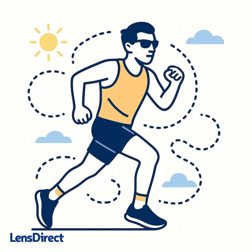 Illustration of a runner wearing sunglasses in a sunny environment, highlighting performance and protection for runners.