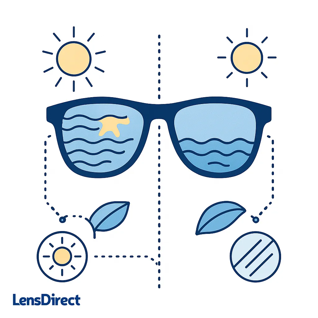 Sunglasses with water scenes on lenses and surrounding icons for sun, leaves and polarization to convey clarity outdoors.