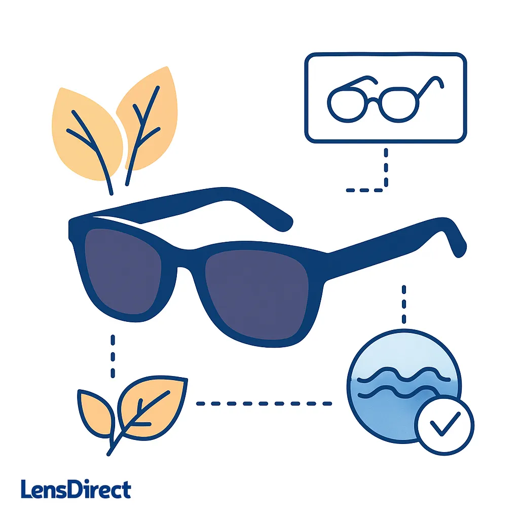 Eco-conscious sunglasses with dark lenses surrounded by leaves and a water-resistant icon highlighting sustainable hydrophobic design.