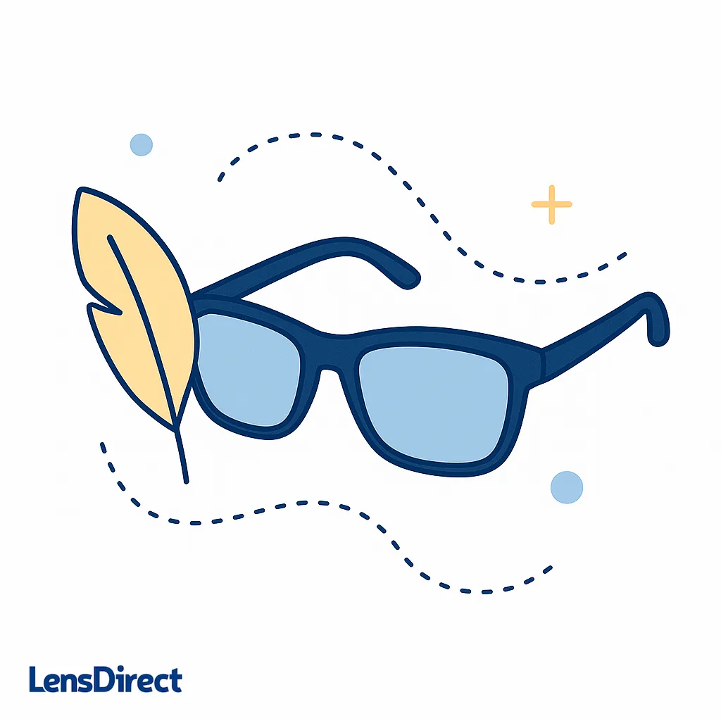 Minimal illustration of lightweight running sunglasses accompanied by a feather icon and dotted lines to signify feather-light frames.